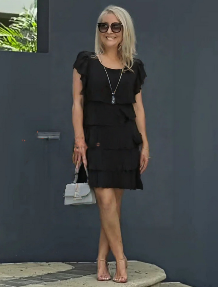 Tiered Ruffle Layered Mid-Length Dress with Round Neckline and Short Sleeves — alternative angle