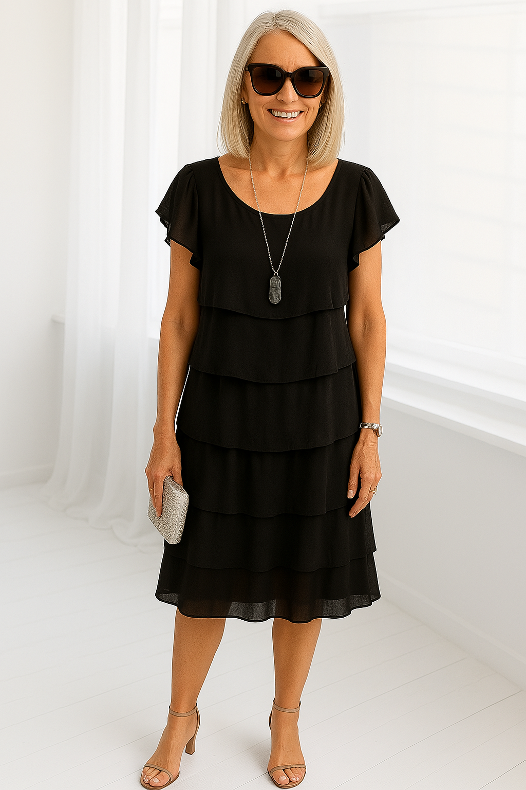Tiered Ruffle Layered Mid-Length Dress with Round Neckline and Short Sleeves — back view