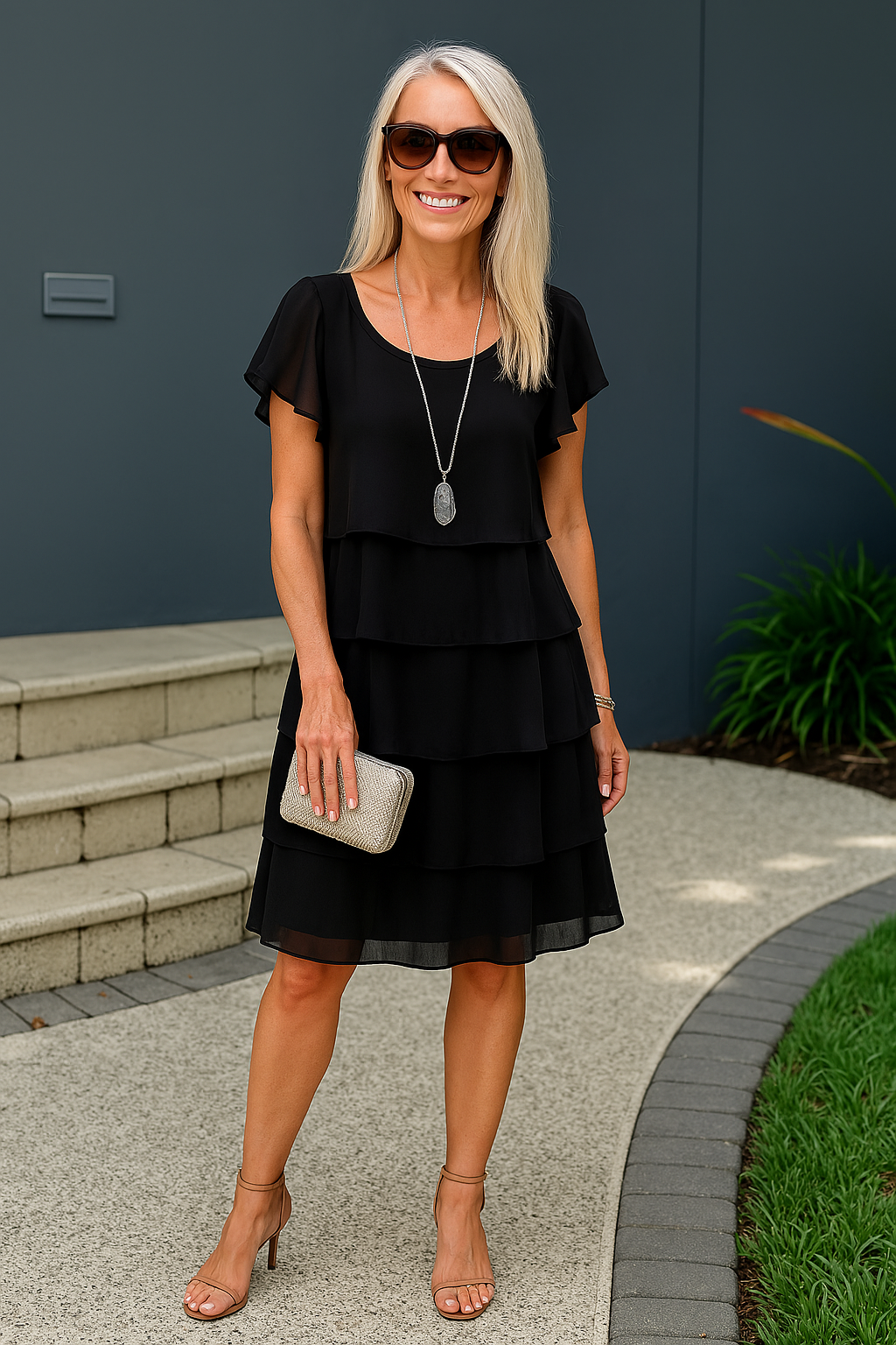 Tiered Ruffle Layered Mid-Length Dress with Round Neckline and Short Sleeves — close-up