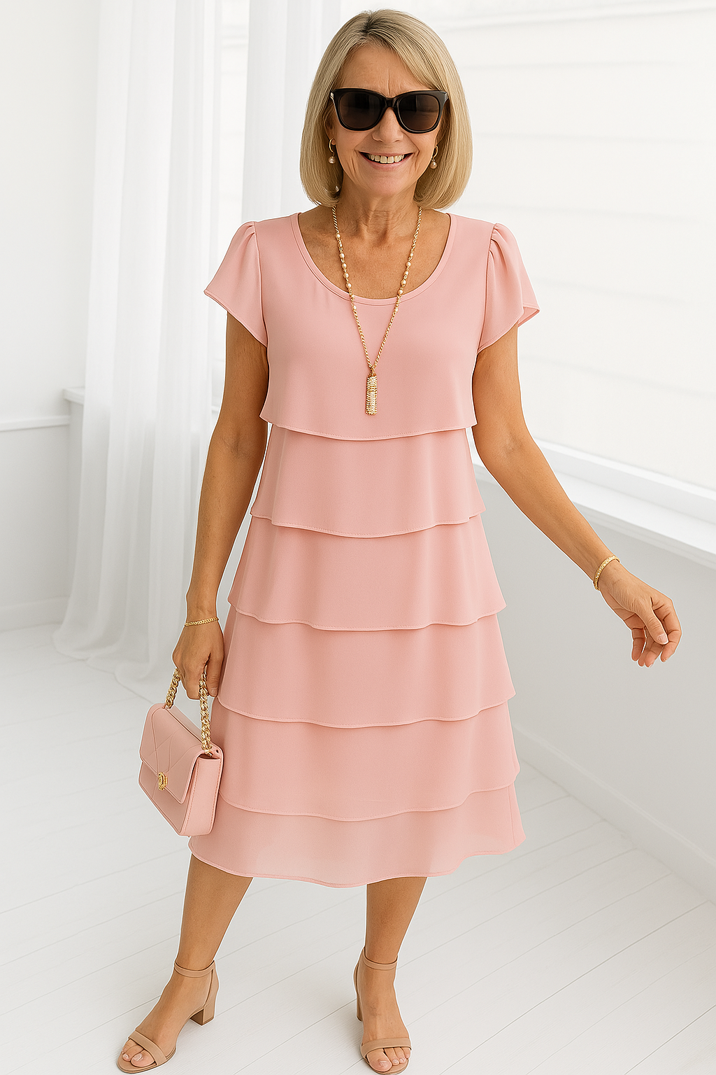 Tiered Ruffle Layered Mid-Length Dress with Round Neckline and Short Sleeves — detail view