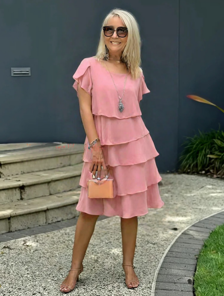Tiered Ruffle Layered Mid-Length Dress with Round Neckline and Short Sleeves — styling detail