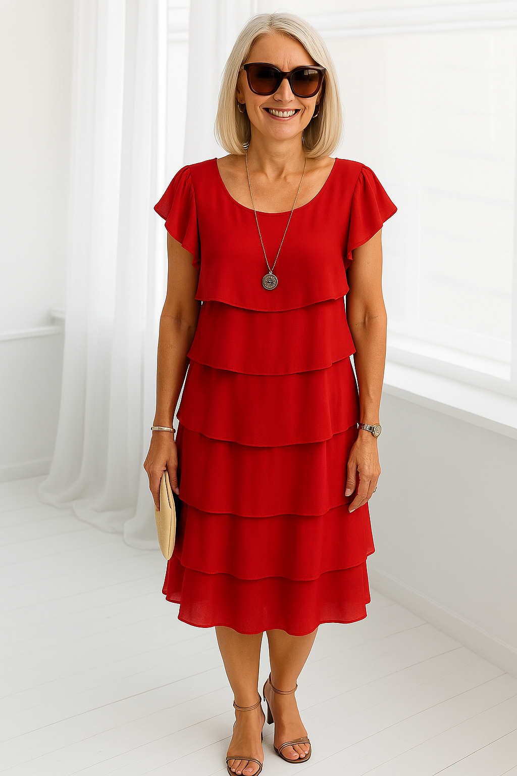 Tiered Ruffle Layered Mid-Length Dress with Round Neckline and Short Sleeves