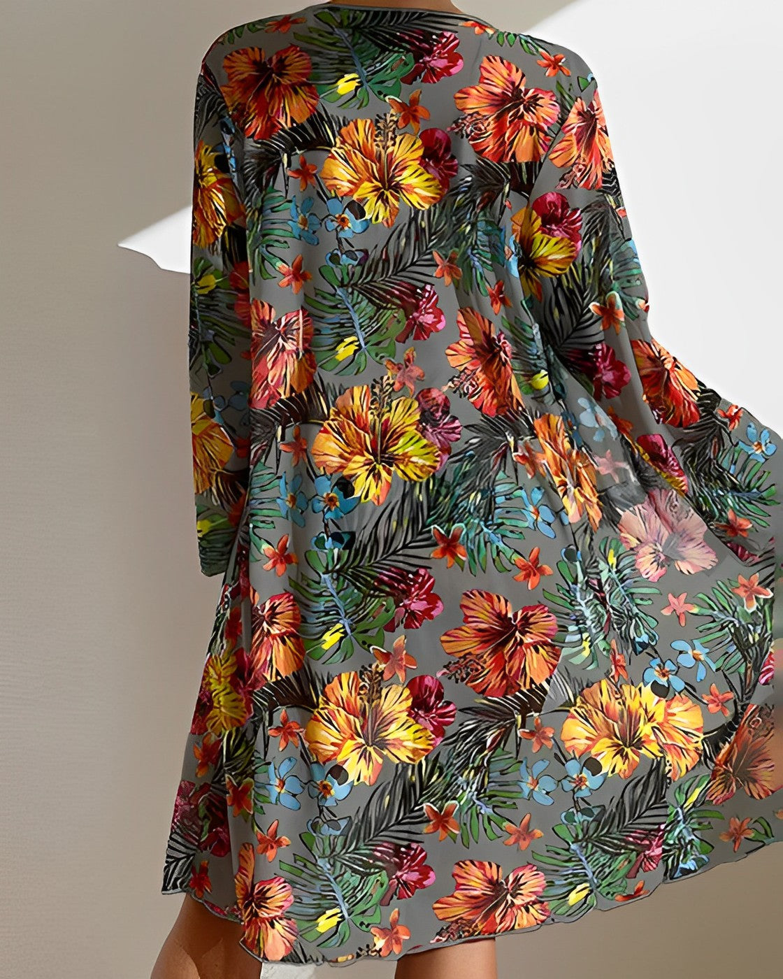 Tropical Print Three-Piece Bikini Set with Long Cover-Up