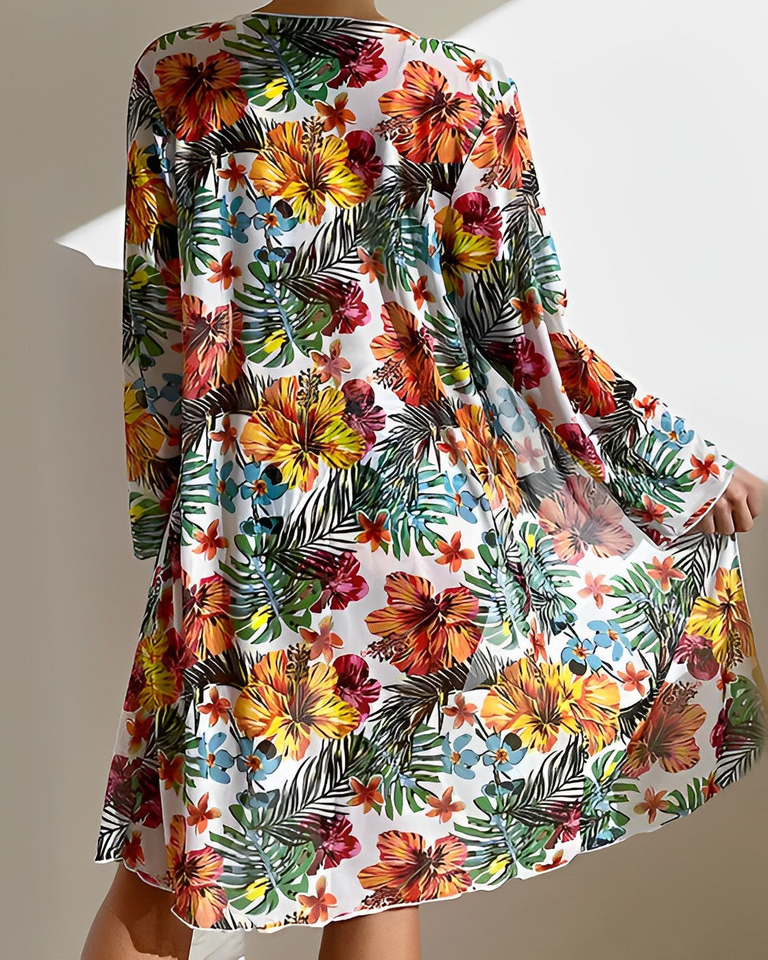 Tropical Print Three-Piece Bikini Set with Long Cover-Up