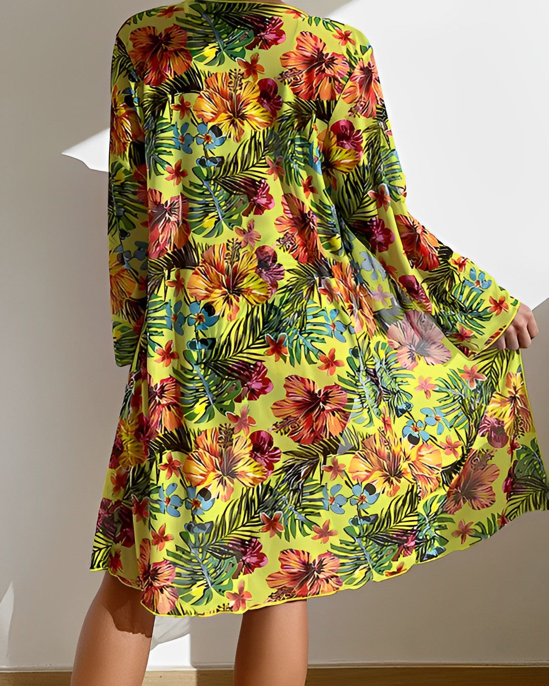 Tropical Print Three-Piece Bikini Set with Long Cover-Up