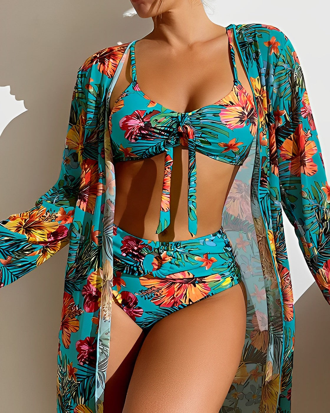 Tropical Print Three-Piece Bikini Set with Long Cover-Up