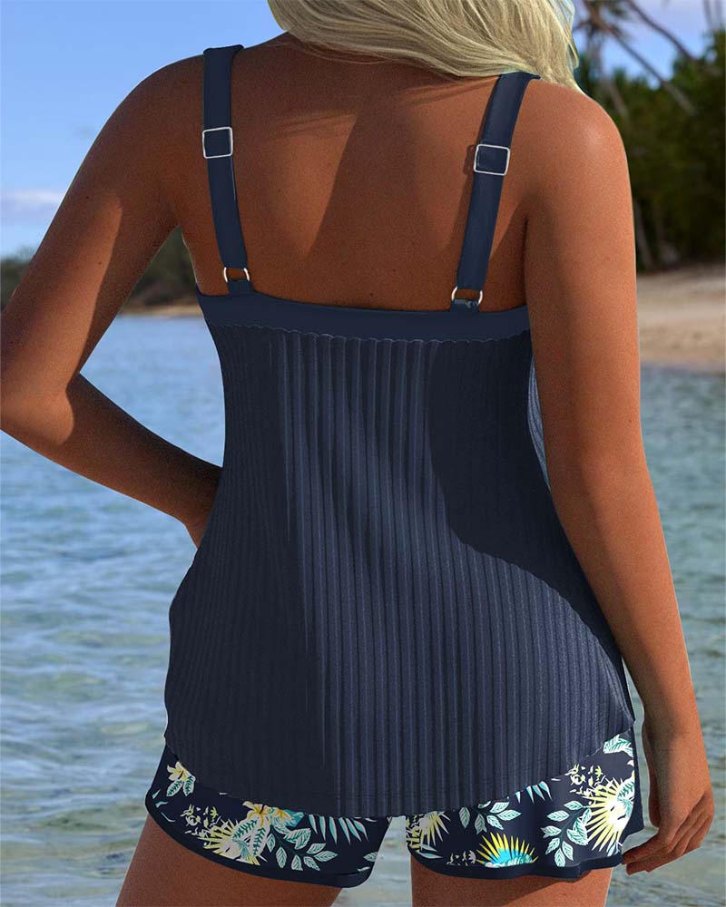 Tropical Print Tummy Control Tankini Set for Women