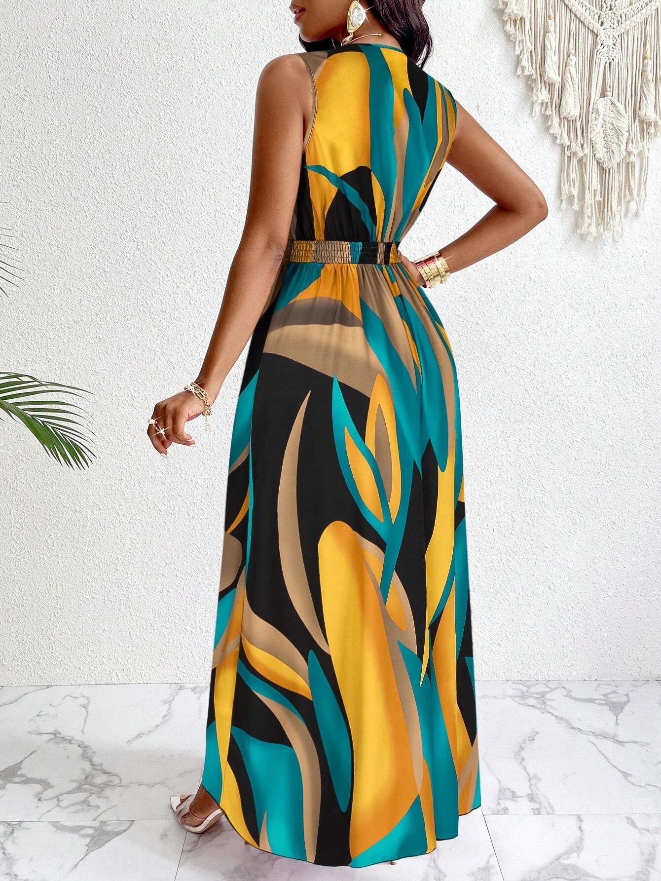 Tropical V-Neck Maxi Dress – Stylish Fit and Flare for Summer Outings — back view