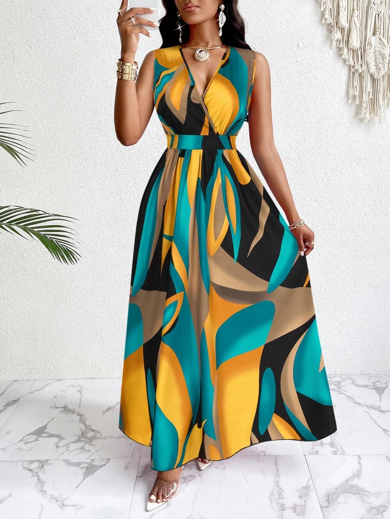 Tropical V-Neck Maxi Dress – Stylish Fit and Flare for Summer Outings — detail view