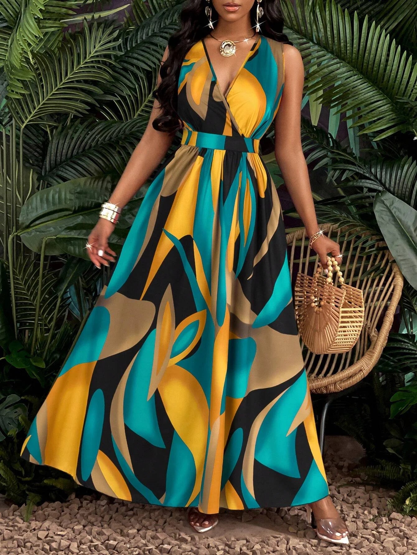 Tropical V-Neck Maxi Dress – Stylish Fit and Flare for Summer Outings — model wearing