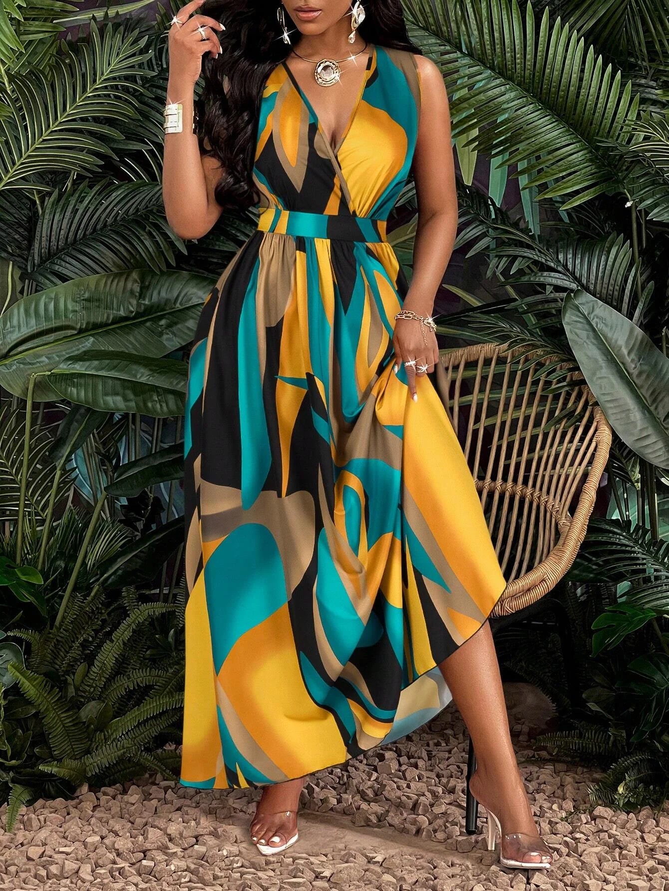 Tropical V-Neck Maxi Dress – Stylish Fit and Flare for Summer Outings — side view
