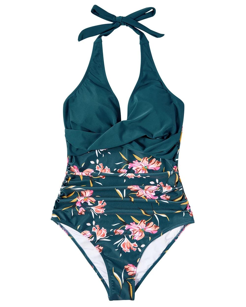 V-Neck Halter Ruched Tummy Control One-Piece Swimsuit