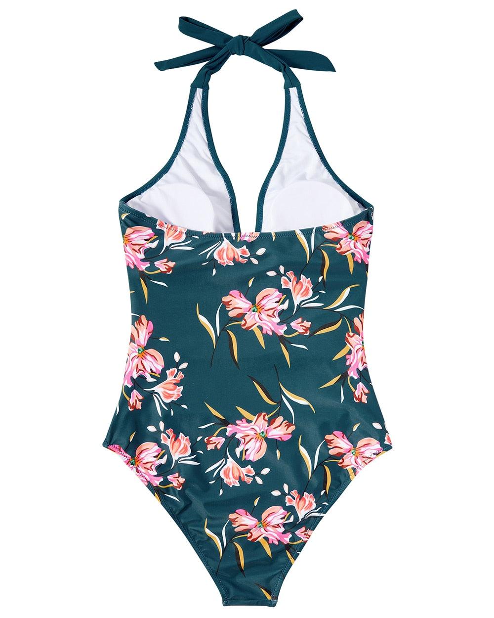 V-Neck Halter Ruched Tummy Control One-Piece Swimsuit