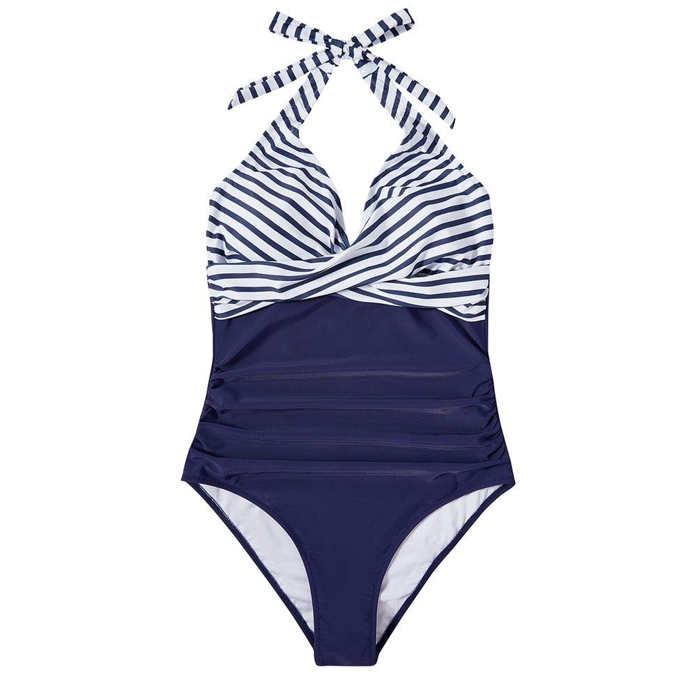 V-Neck Halter Ruched Tummy Control One-Piece Swimsuit