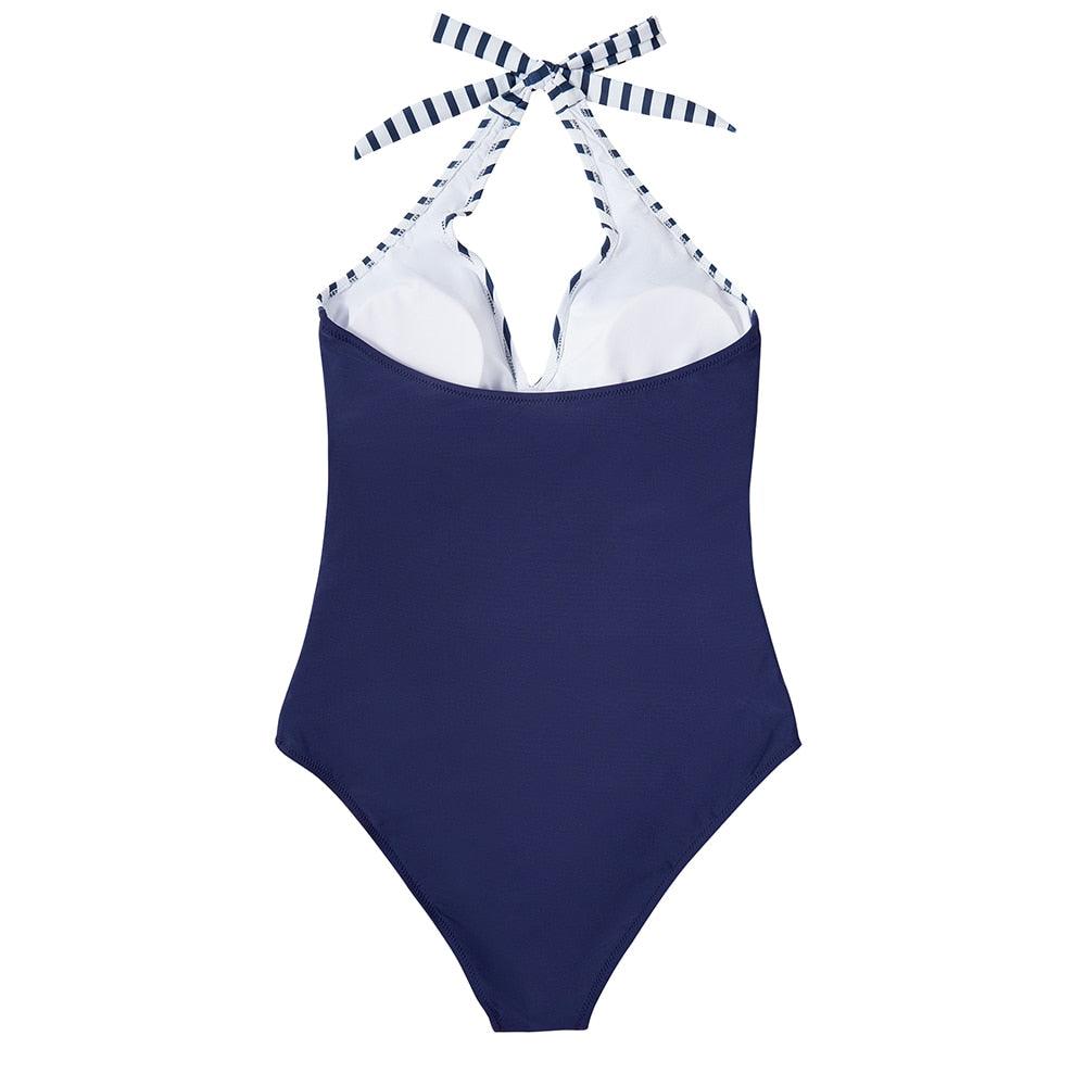 V-Neck Halter Ruched Tummy Control One-Piece Swimsuit