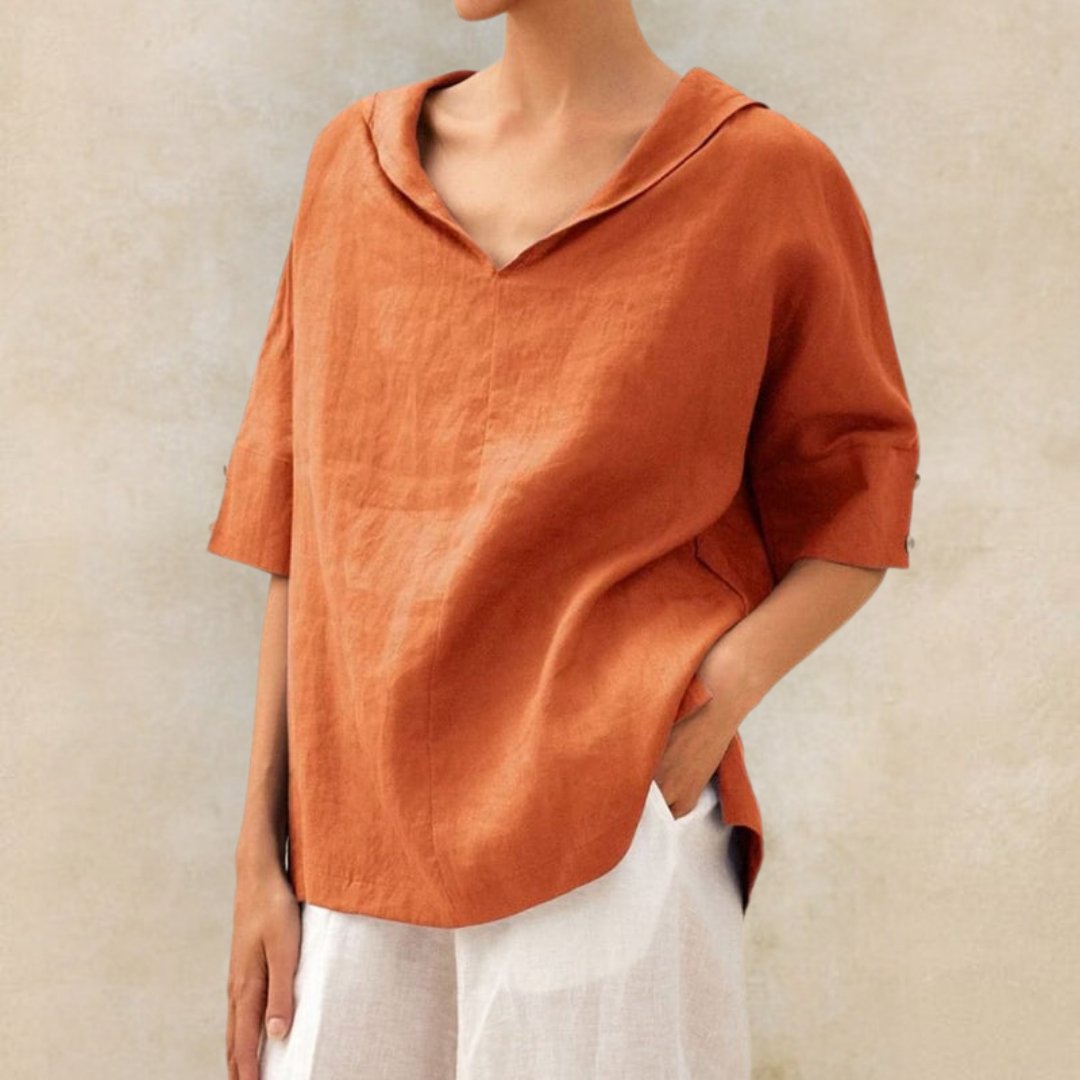 V-Neck Loose Fit Top with Effortless Easy Drape — back view