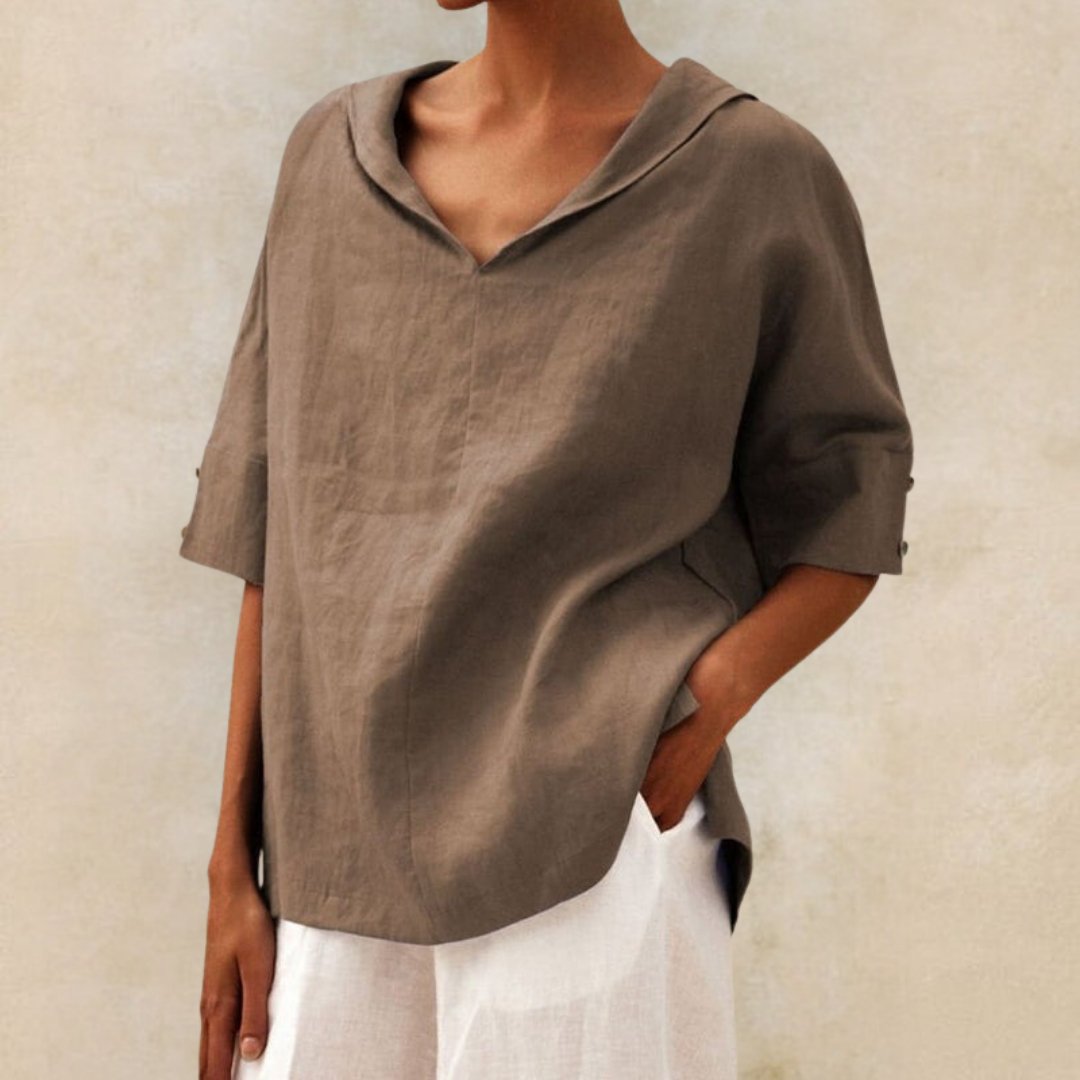 V-Neck Loose Fit Top with Effortless Easy Drape — model wearing