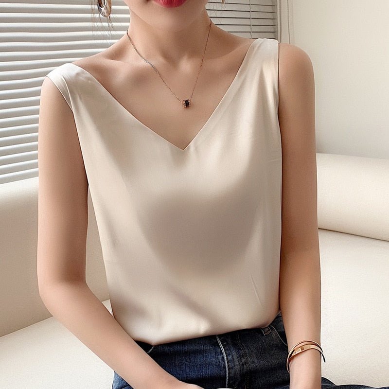 V-Neck Satin Tank Top with Smooth Relaxed Drape — alternative angle
