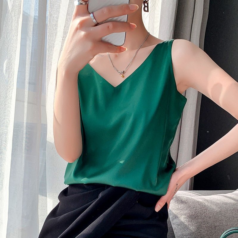 V-Neck Satin Tank Top with Smooth Relaxed Drape — back view