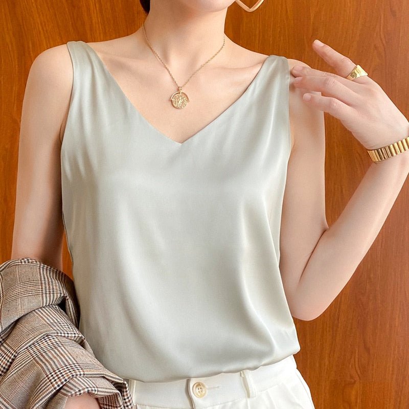 V-Neck Satin Tank Top with Smooth Relaxed Drape — close-up