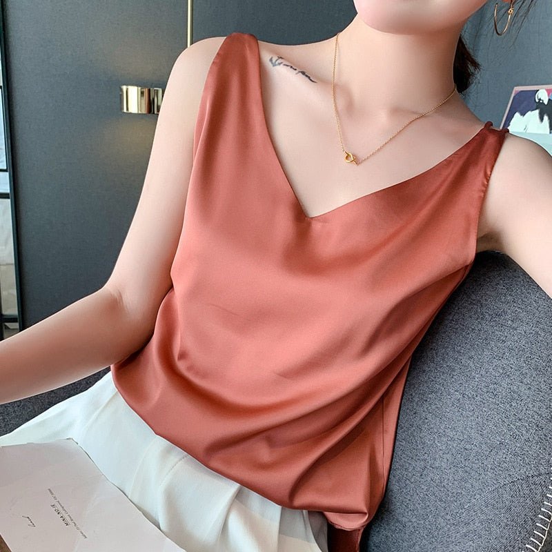 V-Neck Satin Tank Top with Smooth Relaxed Drape — detail view