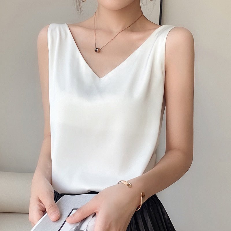 V-Neck Satin Tank Top with Smooth Relaxed Drape — model wearing