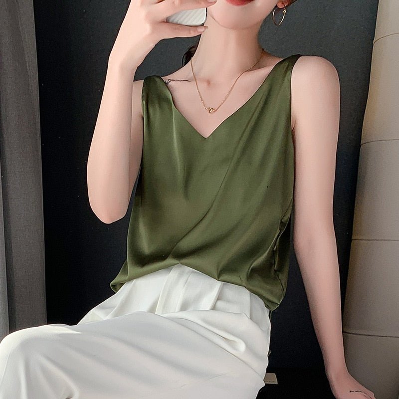 V-Neck Satin Tank Top with Smooth Relaxed Drape — side view