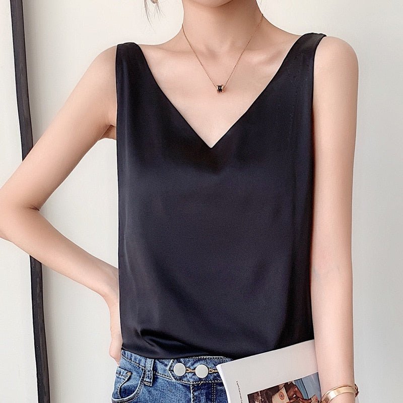 V-Neck Satin Tank Top with Smooth Relaxed Drape