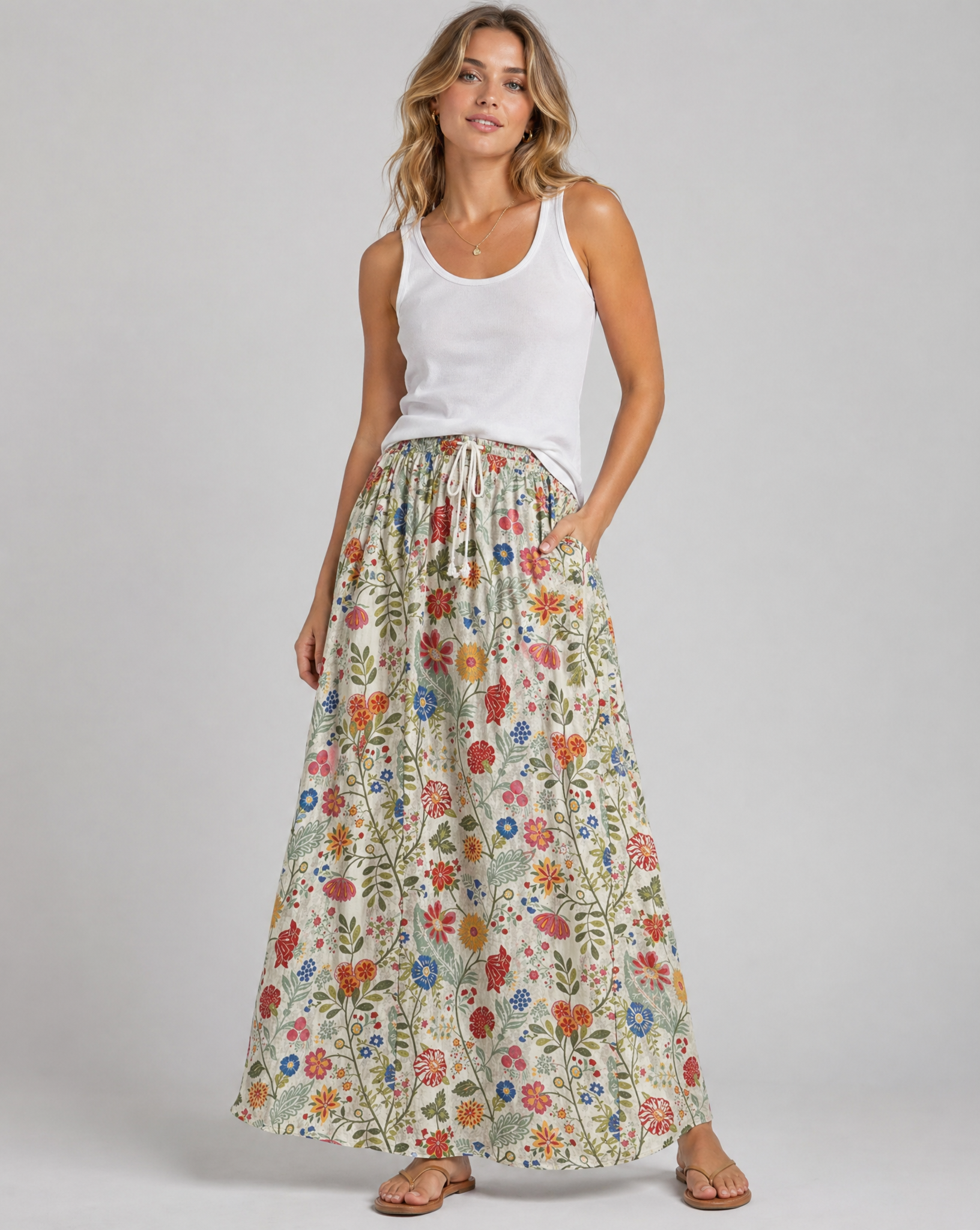 Vibrant Floral Print Elastic Waist Pocket Skirt — detail view