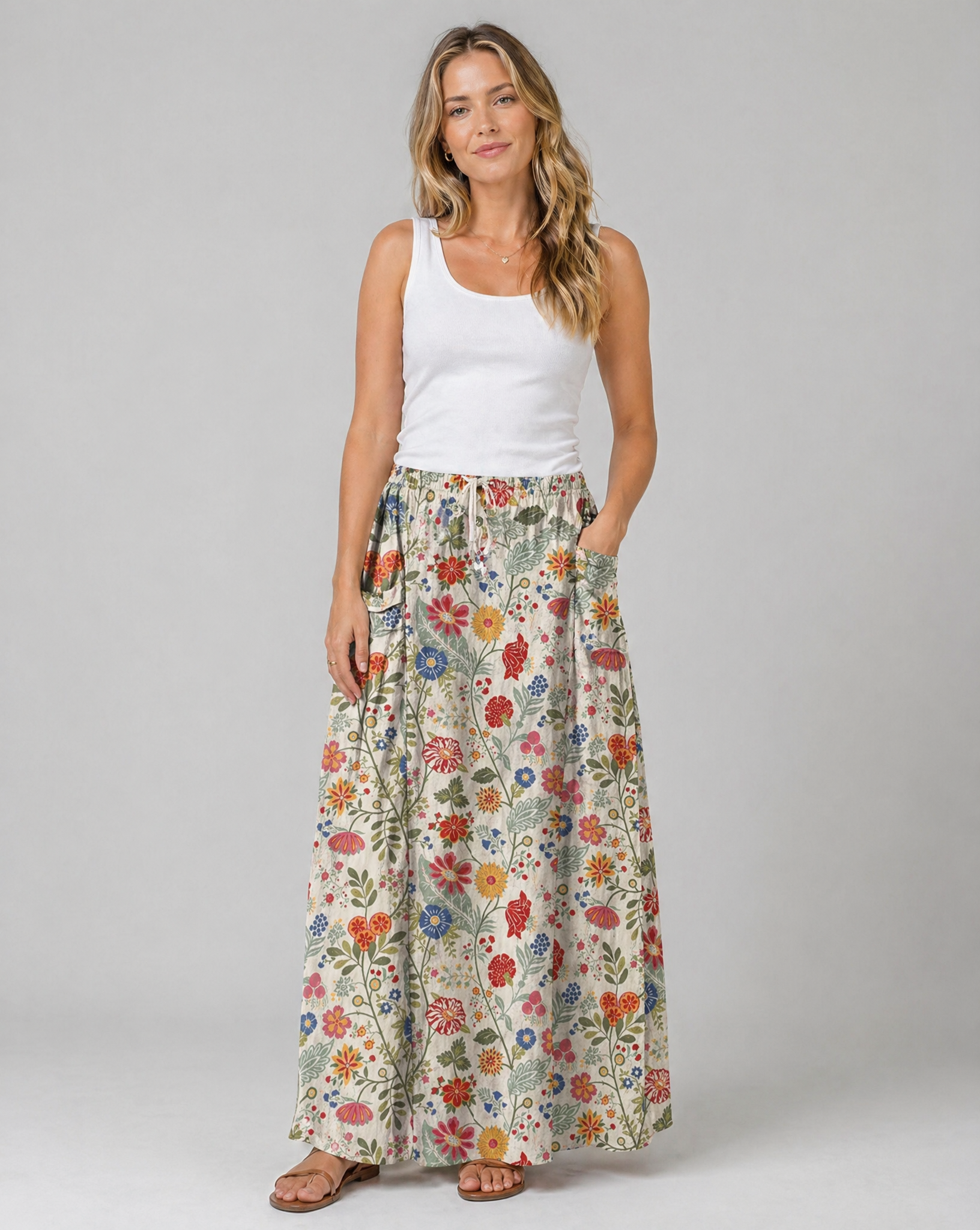 Vibrant Floral Print Elastic Waist Pocket Skirt — model wearing