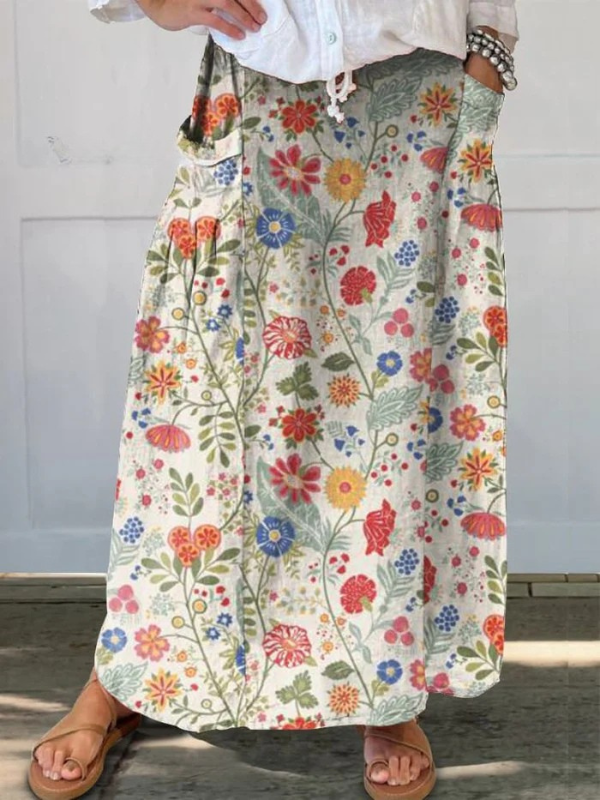 Vibrant Floral Print Elastic Waist Pocket Skirt