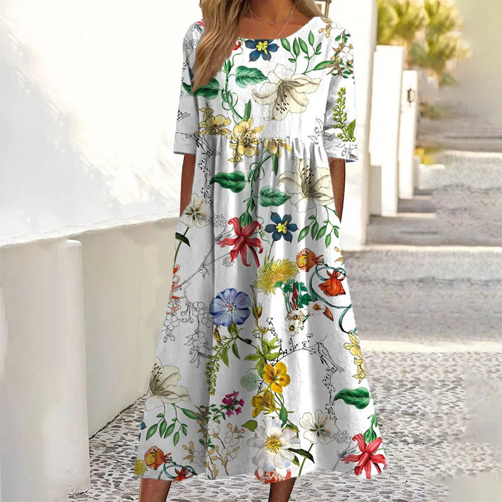 Vibrant Printed Summer Dress – Casual Mid-Calf A-Line Style for Everyday Wear — back view