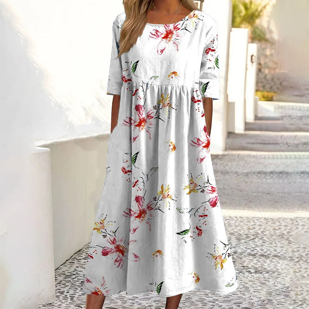 Vibrant Printed Summer Dress – Casual Mid-Calf A-Line Style for Everyday Wear — model wearing