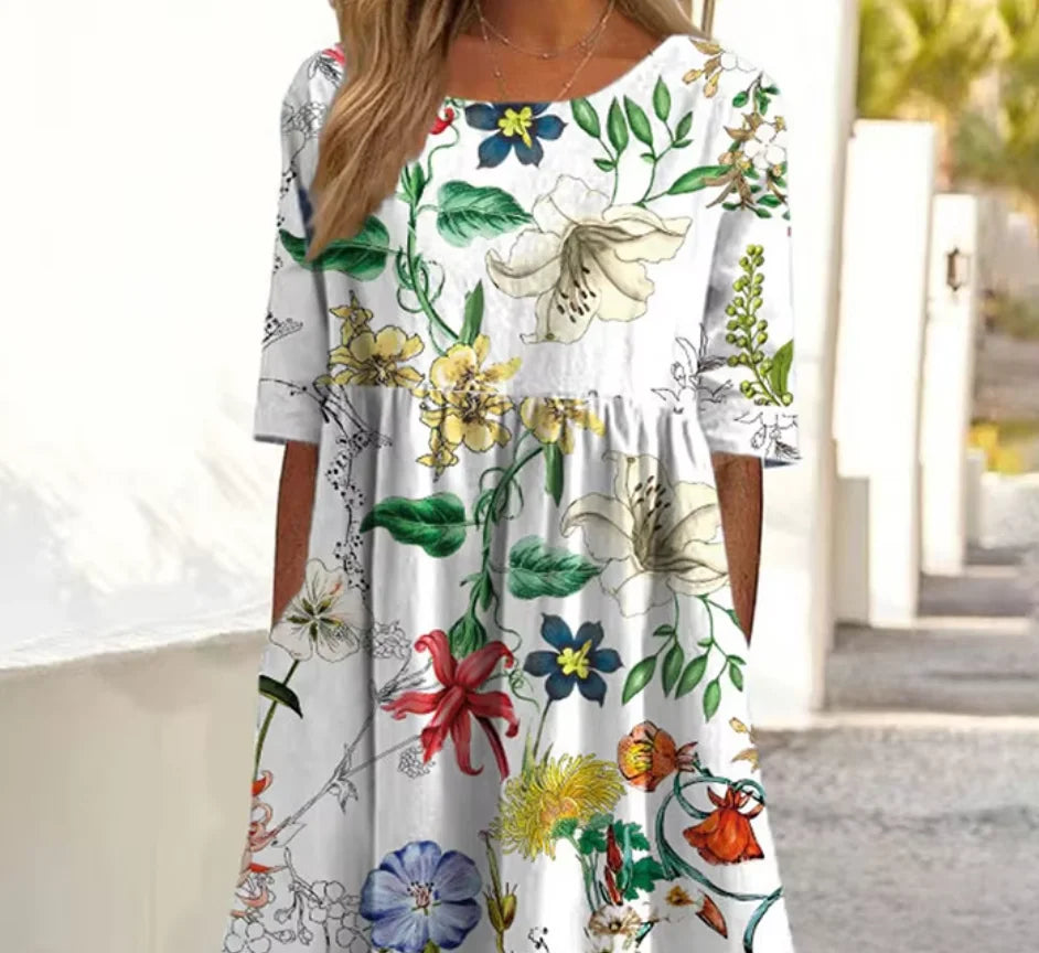 Vibrant Printed Summer Dress – Casual Mid-Calf A-Line Style for Everyday Wear — side view