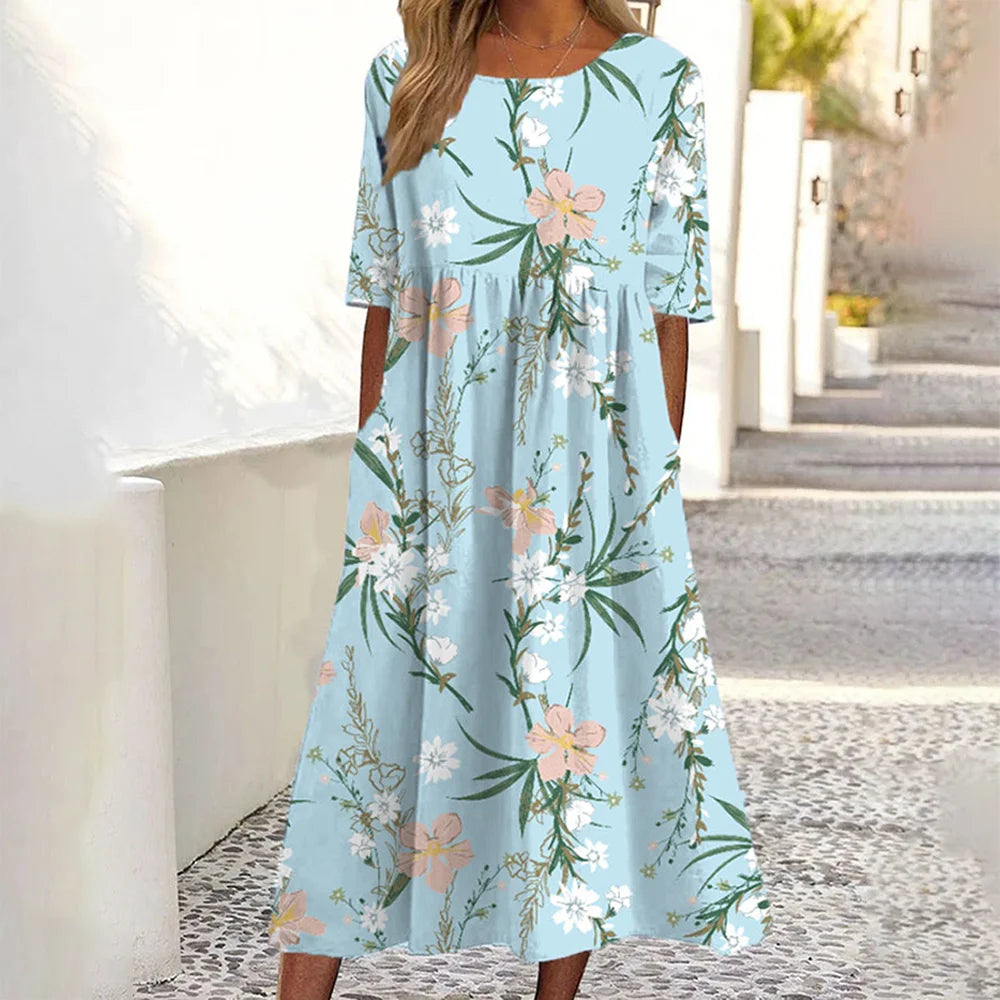 Vibrant Printed Summer Dress – Casual Mid-Calf A-Line Style for Everyday Wear