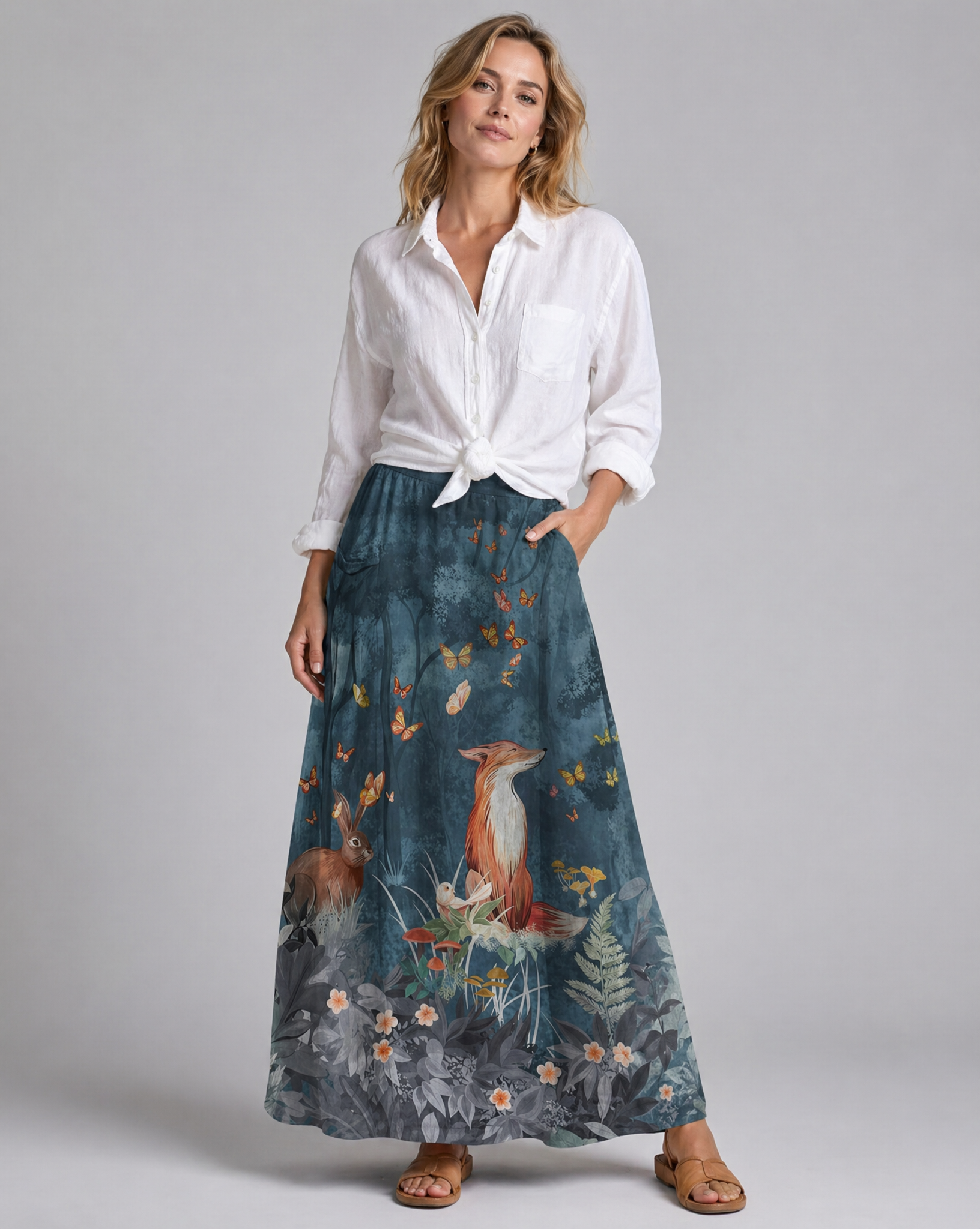Vintage Animal Floral Print Dark Blue Pocket Skirt — back view