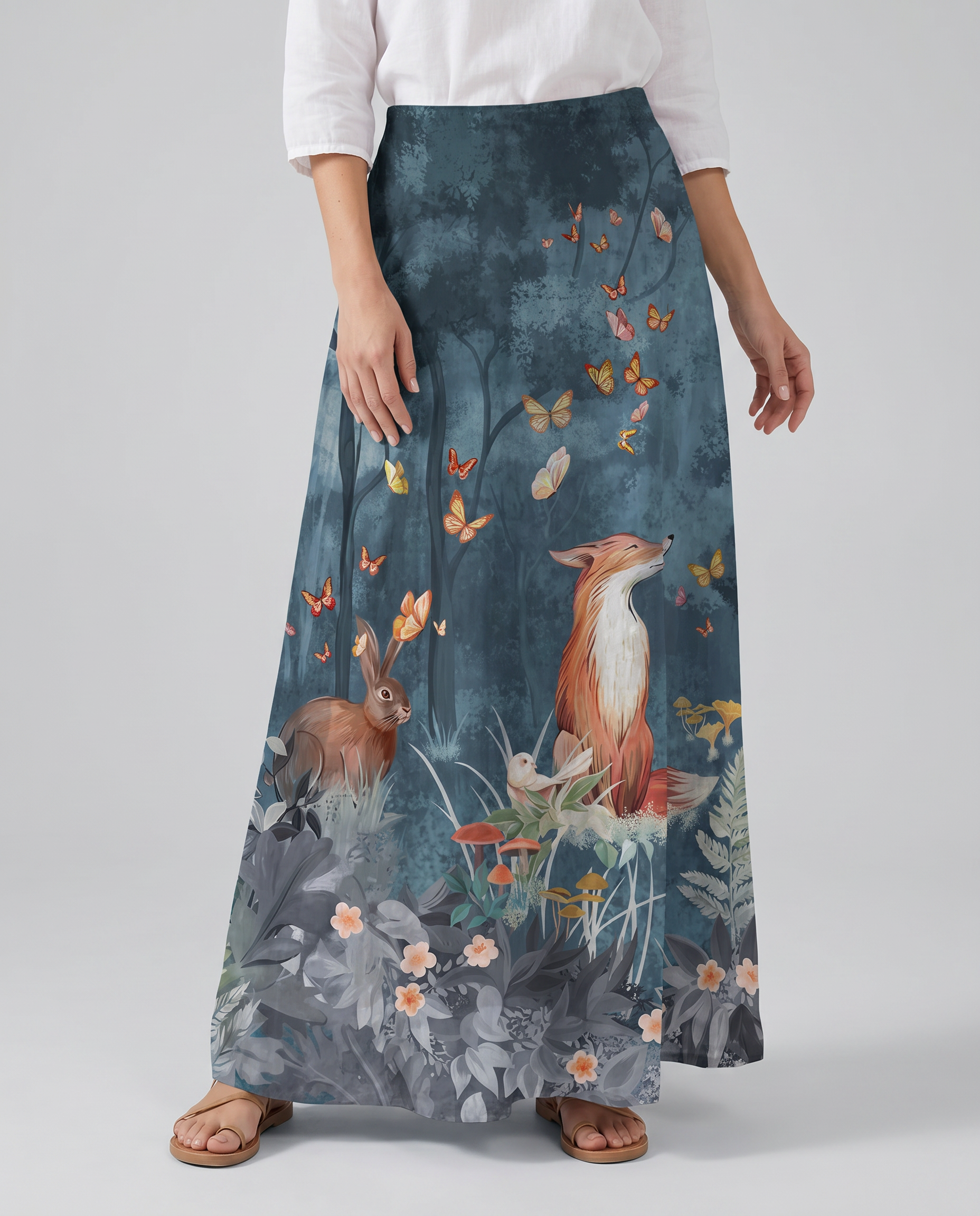 Vintage Animal Floral Print Dark Blue Pocket Skirt — detail view