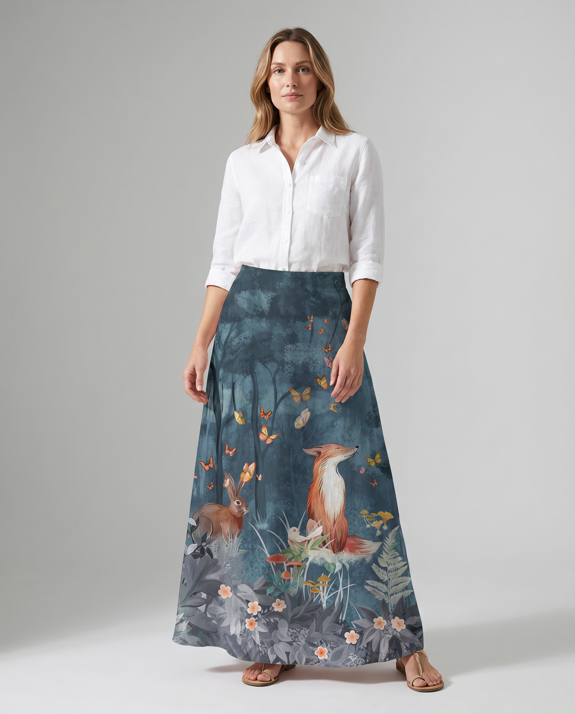 Vintage Animal Floral Print Dark Blue Pocket Skirt — side view
