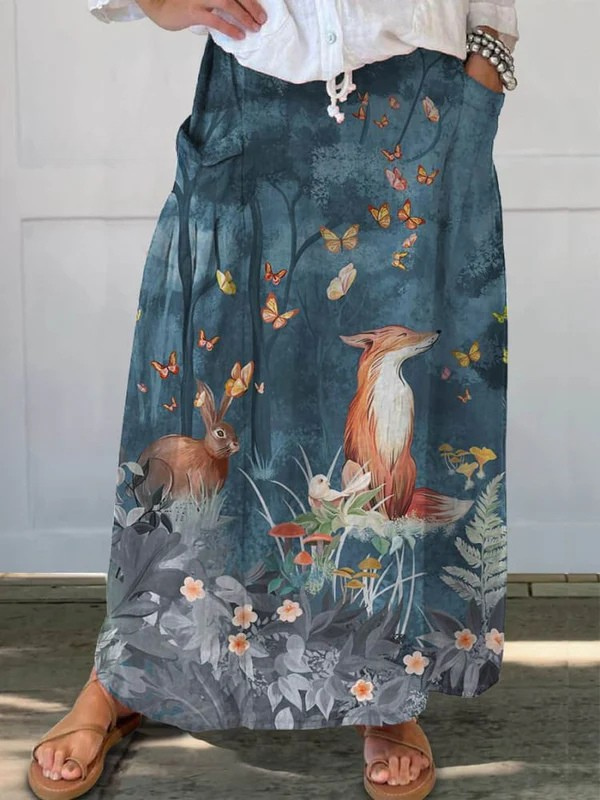 Vintage Animal Floral Print Dark Blue Pocket Skirt