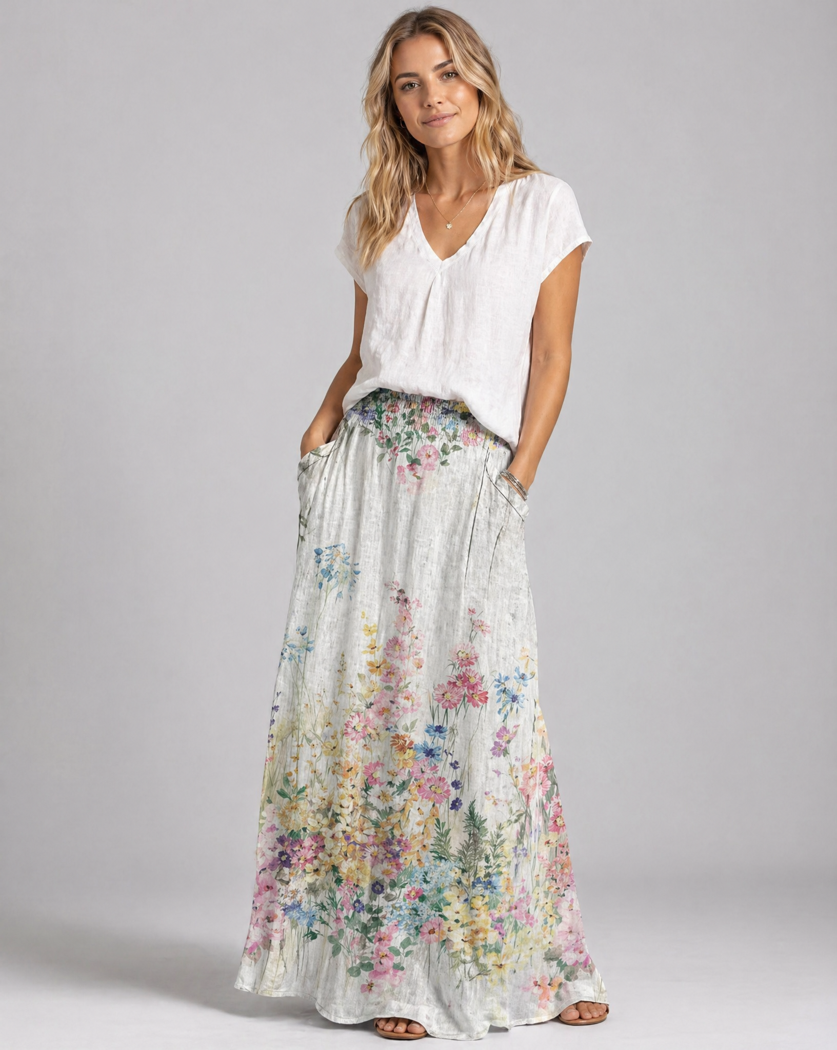 Vintage Botanical White A-Line Skirt with Elastic Waist — back view