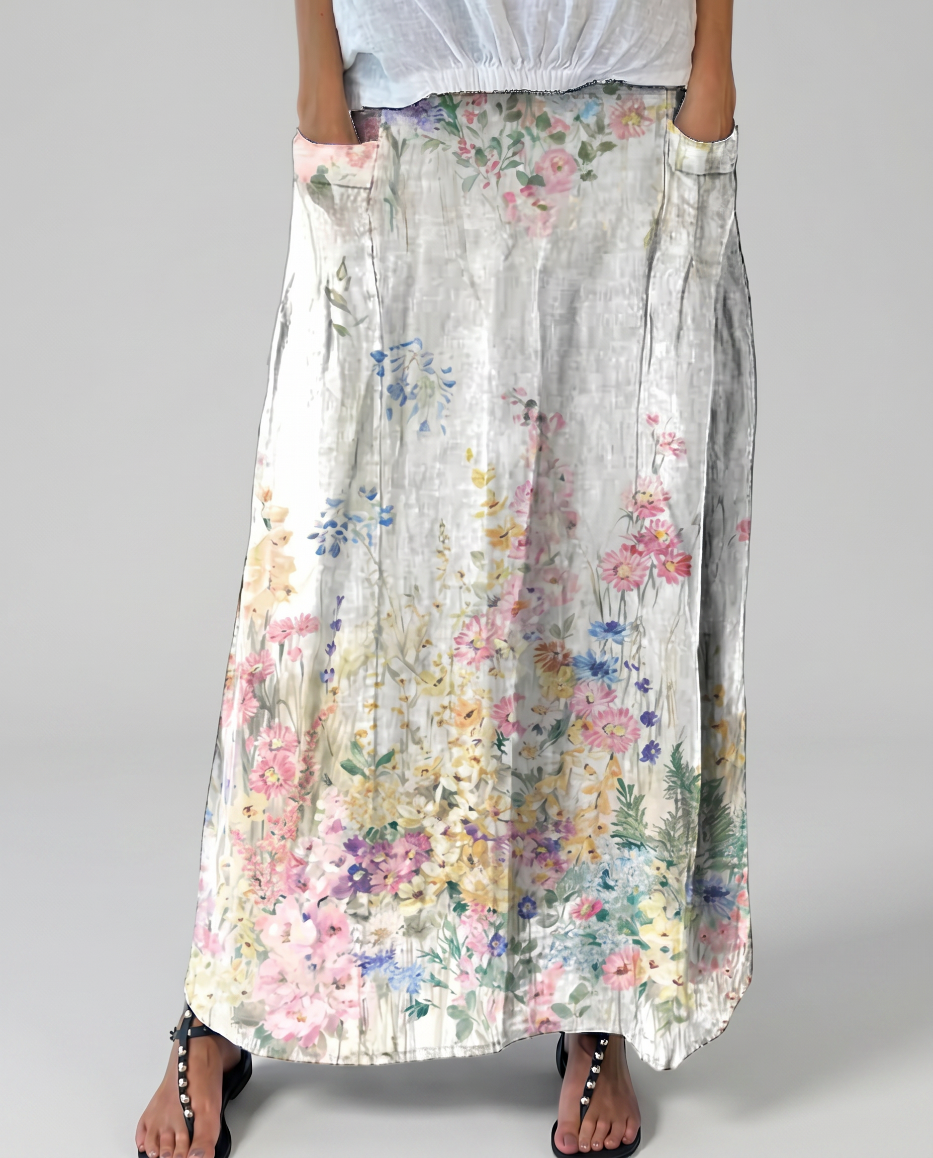 Vintage Botanical White A-Line Skirt with Elastic Waist — detail view