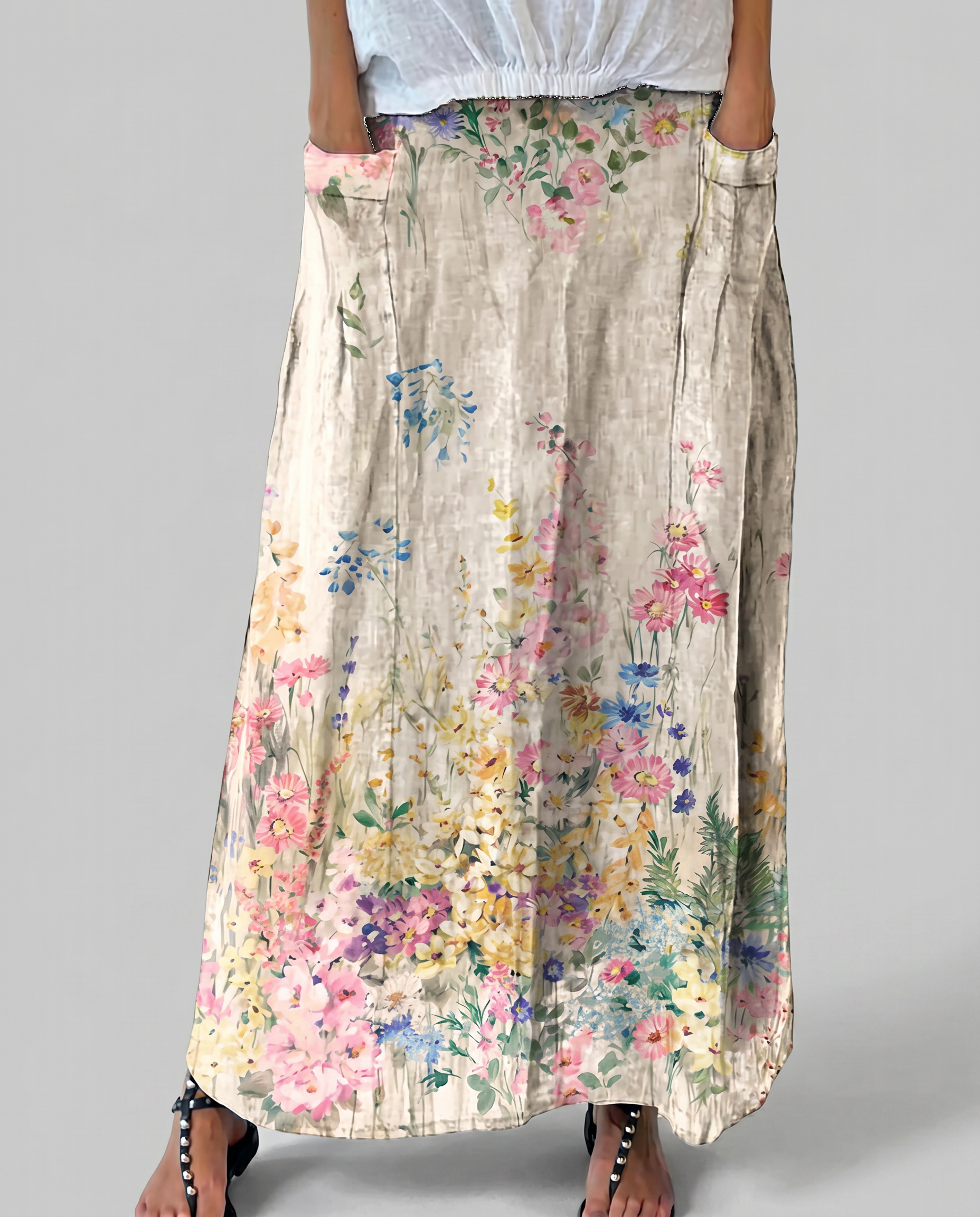 Vintage Botanical White A-Line Skirt with Elastic Waist — side view