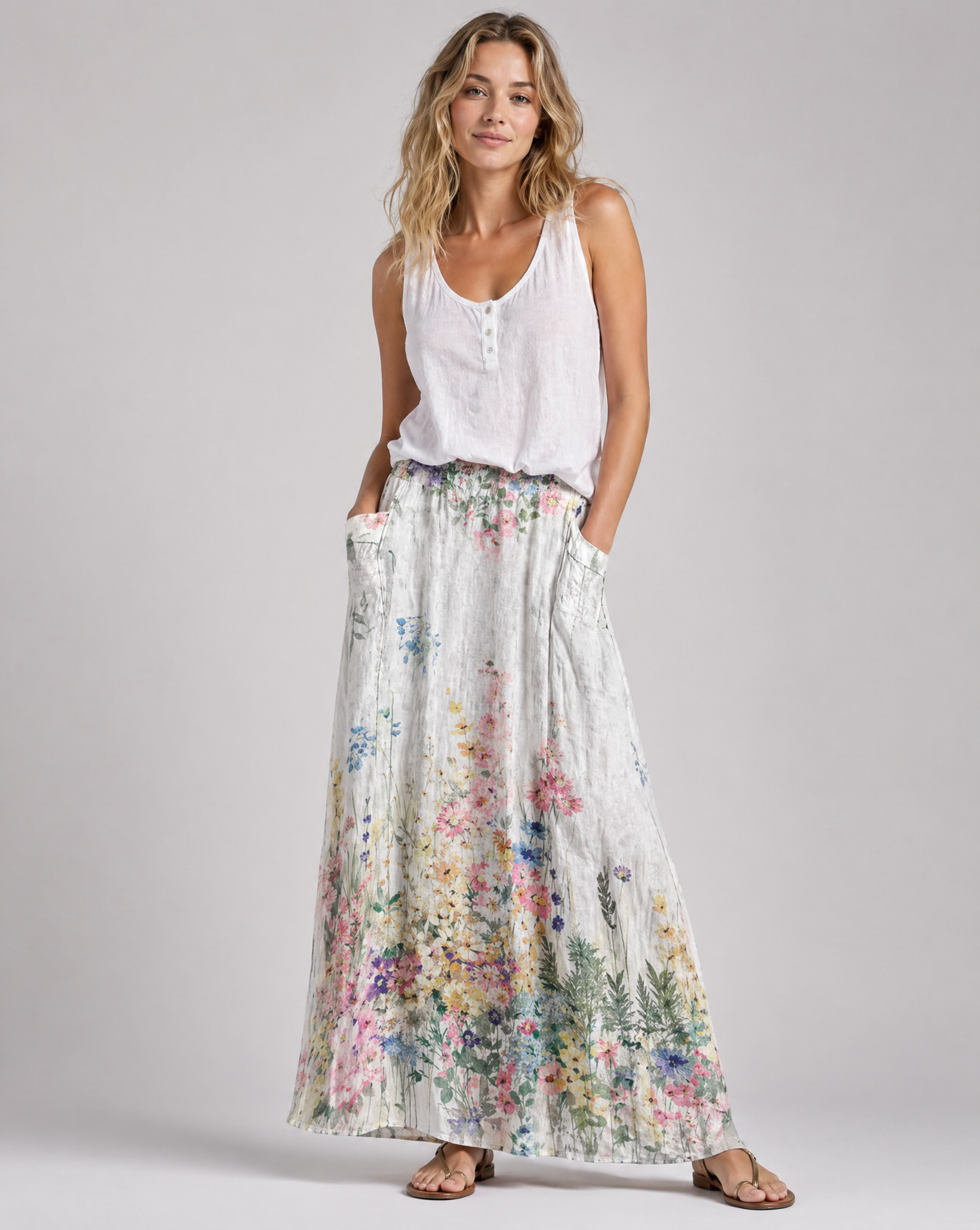 Vintage Botanical White A-Line Skirt with Elastic Waist