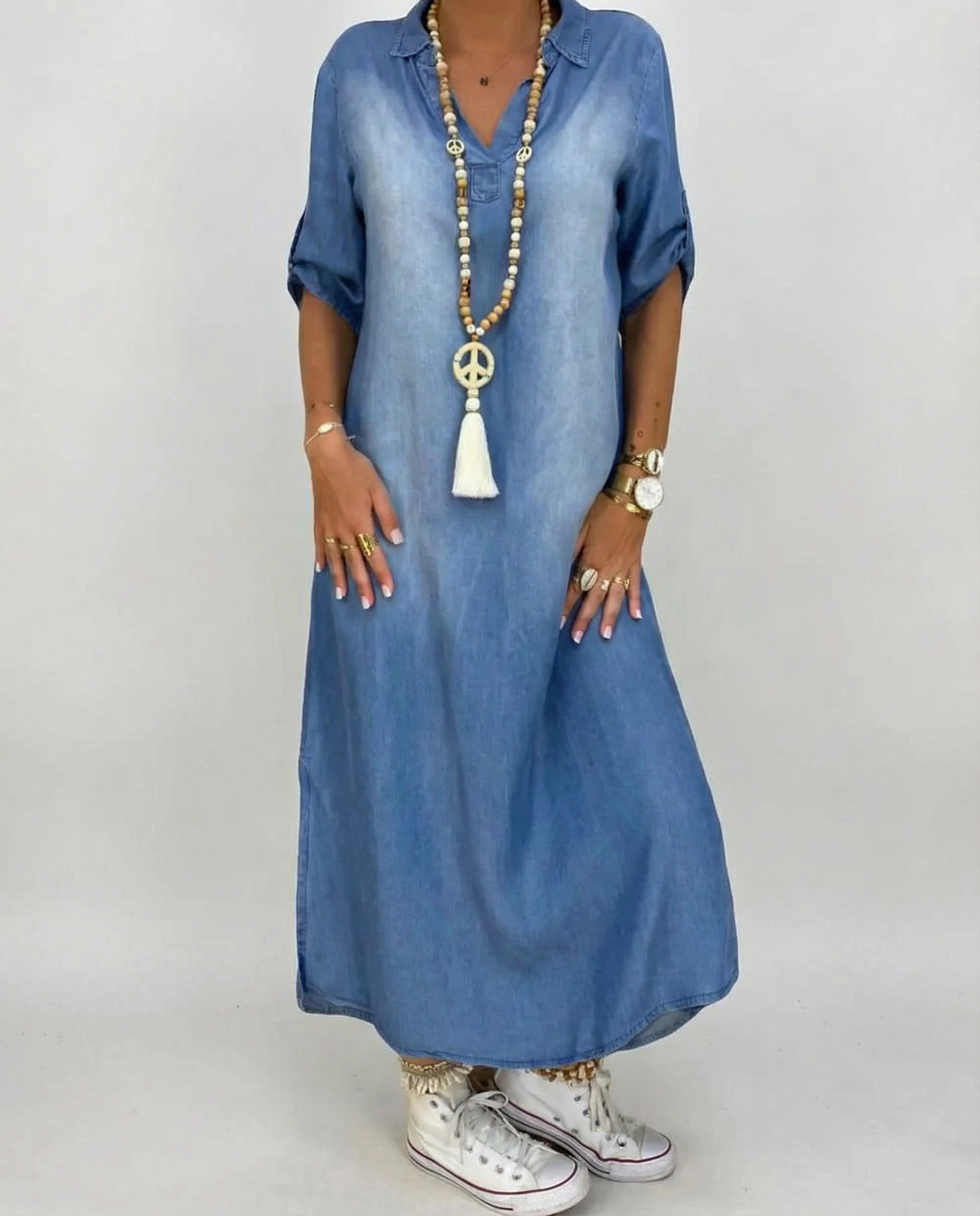 Vintage Denim Dress – Comfortable V-Neck Design for Effortless Summer Style