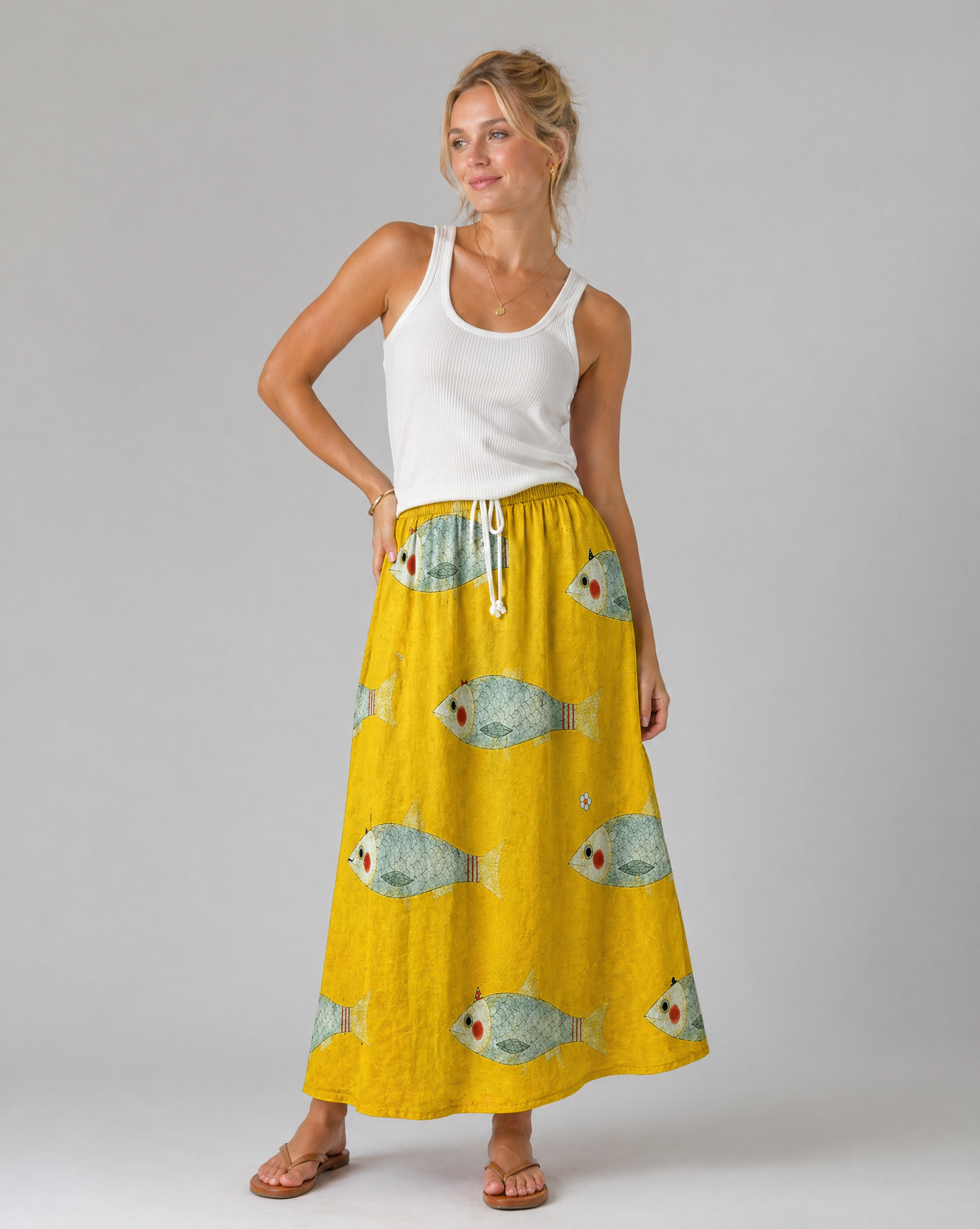 Vintage Fish Print High-Waist Pocket Skirt — back view
