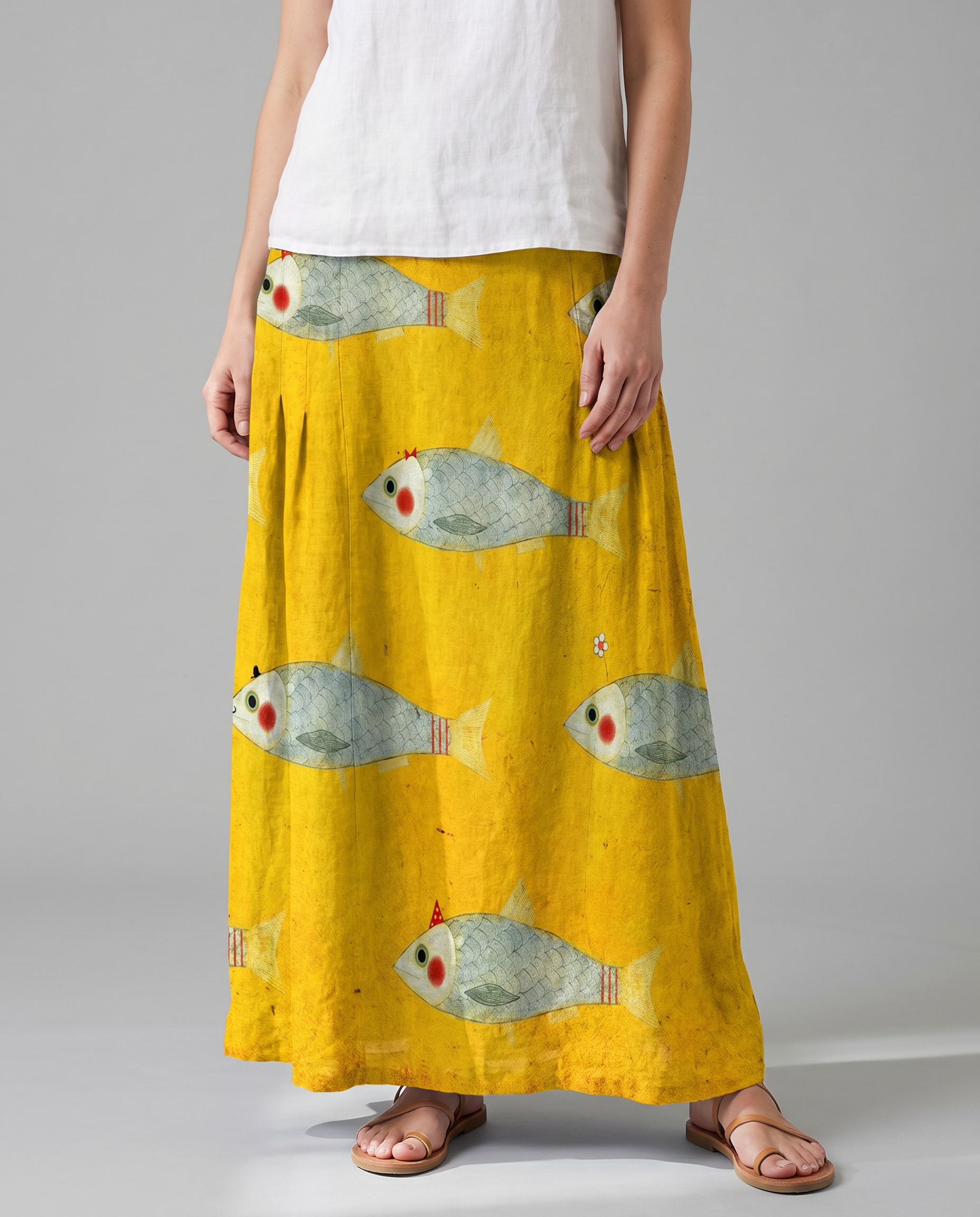 Vintage Fish Print High-Waist Pocket Skirt — detail view