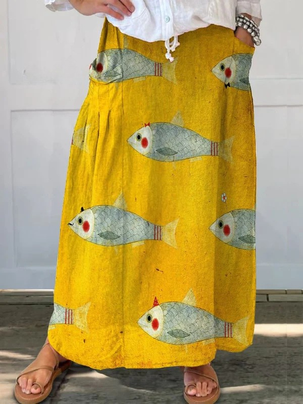 Vintage Fish Print High-Waist Pocket Skirt — model wearing