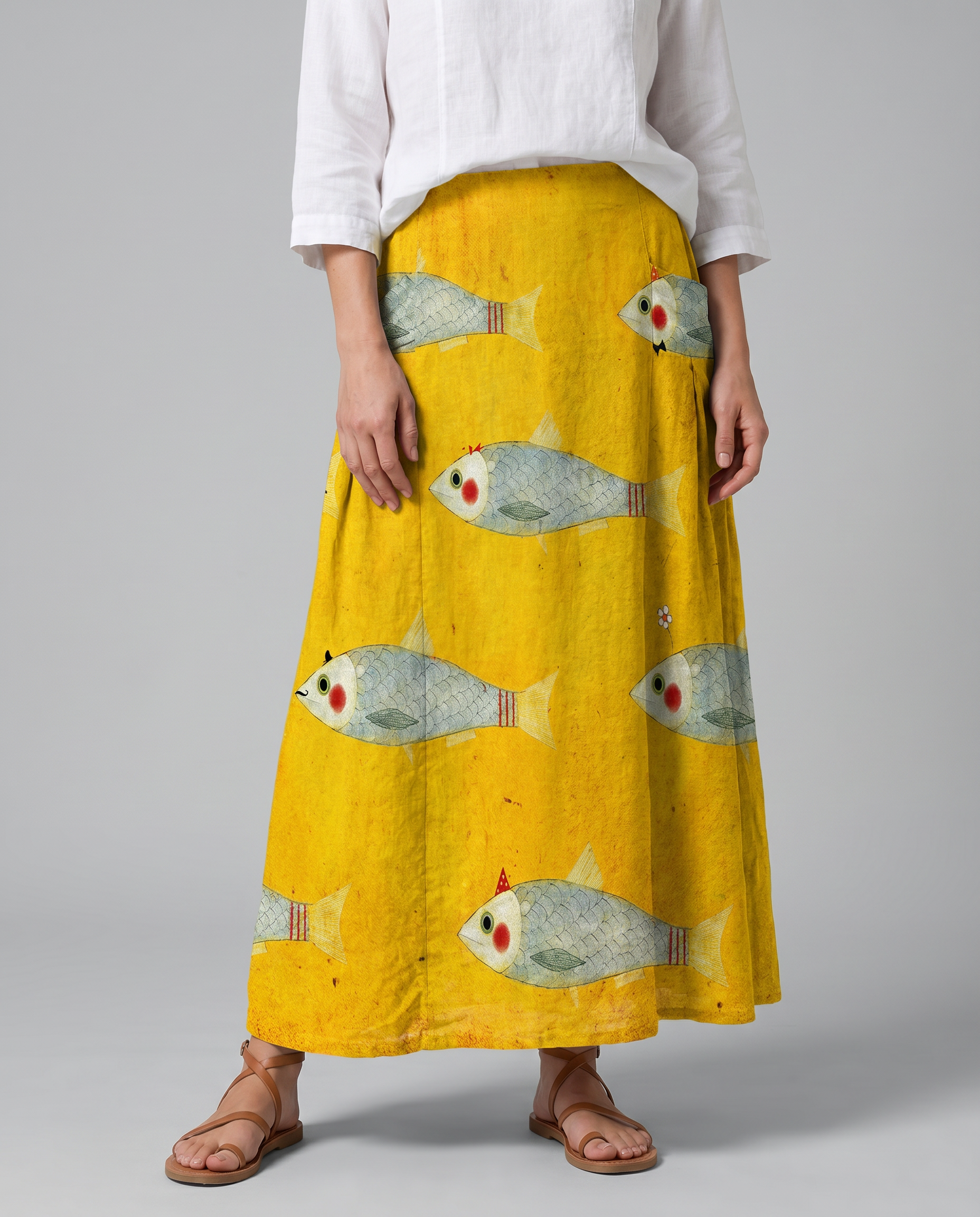 Vintage Fish Print High-Waist Pocket Skirt — side view