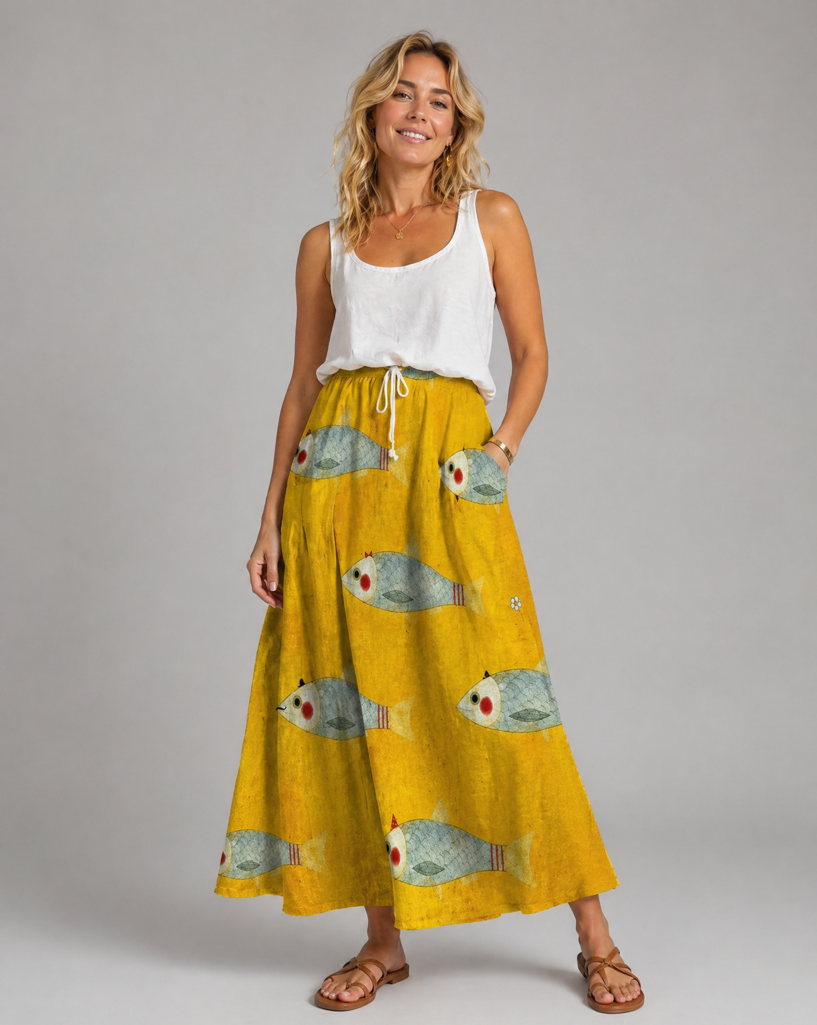 Vintage Fish Print High-Waist Pocket Skirt