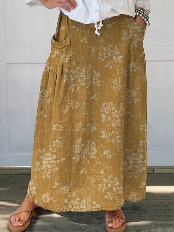 Vintage Floral A-Line Maxi Skirt with Elastic Waist and Pockets — back view